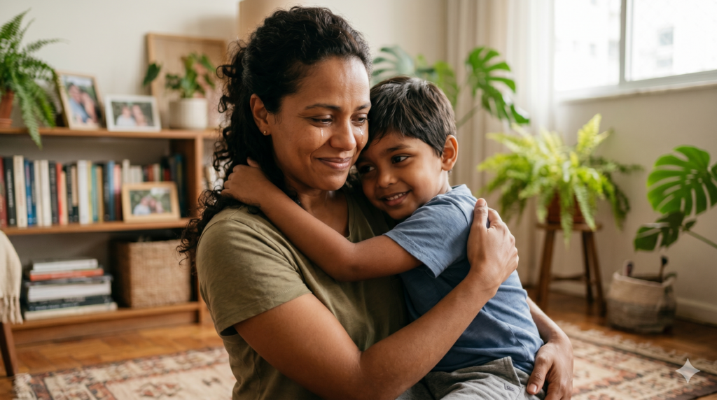 Mãe e filho com TEA em momento de conexão emocional